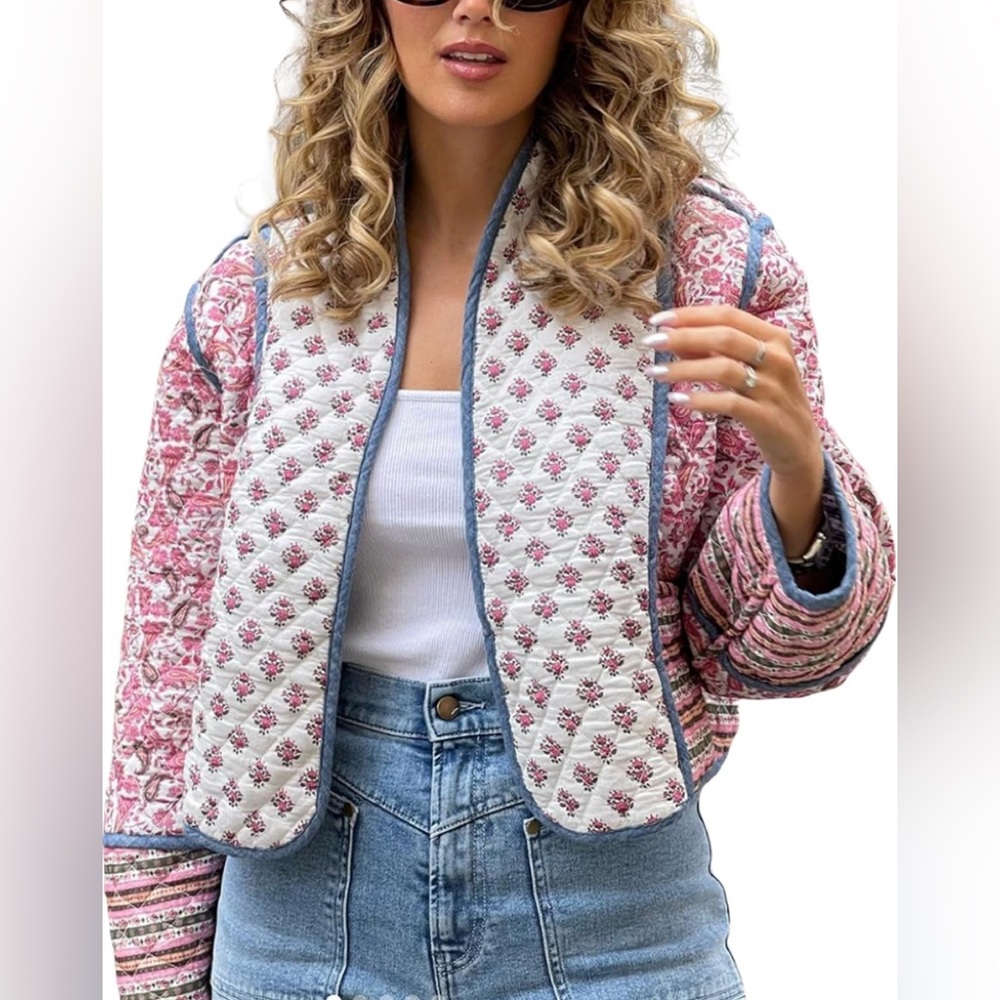 Cropped Puffer Jacket Stand Collar Floral Printed Open Front Quilted Lightweight - Picture 5 of 15